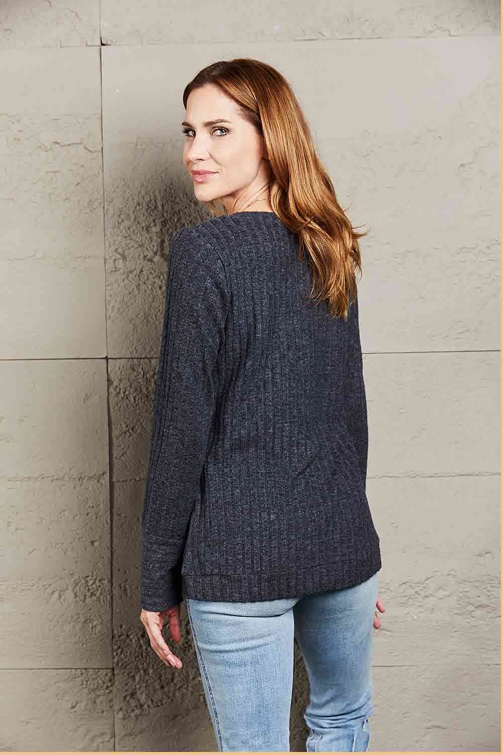 Dark Gray Double Take V-Neck Long Sleeve Ribbed Top