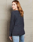 Dark Gray Double Take V-Neck Long Sleeve Ribbed Top