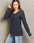 Dark Gray Double Take V-Neck Long Sleeve Ribbed Top