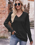 Dark Gray Double Take V-Neck Long Sleeve Ribbed Top