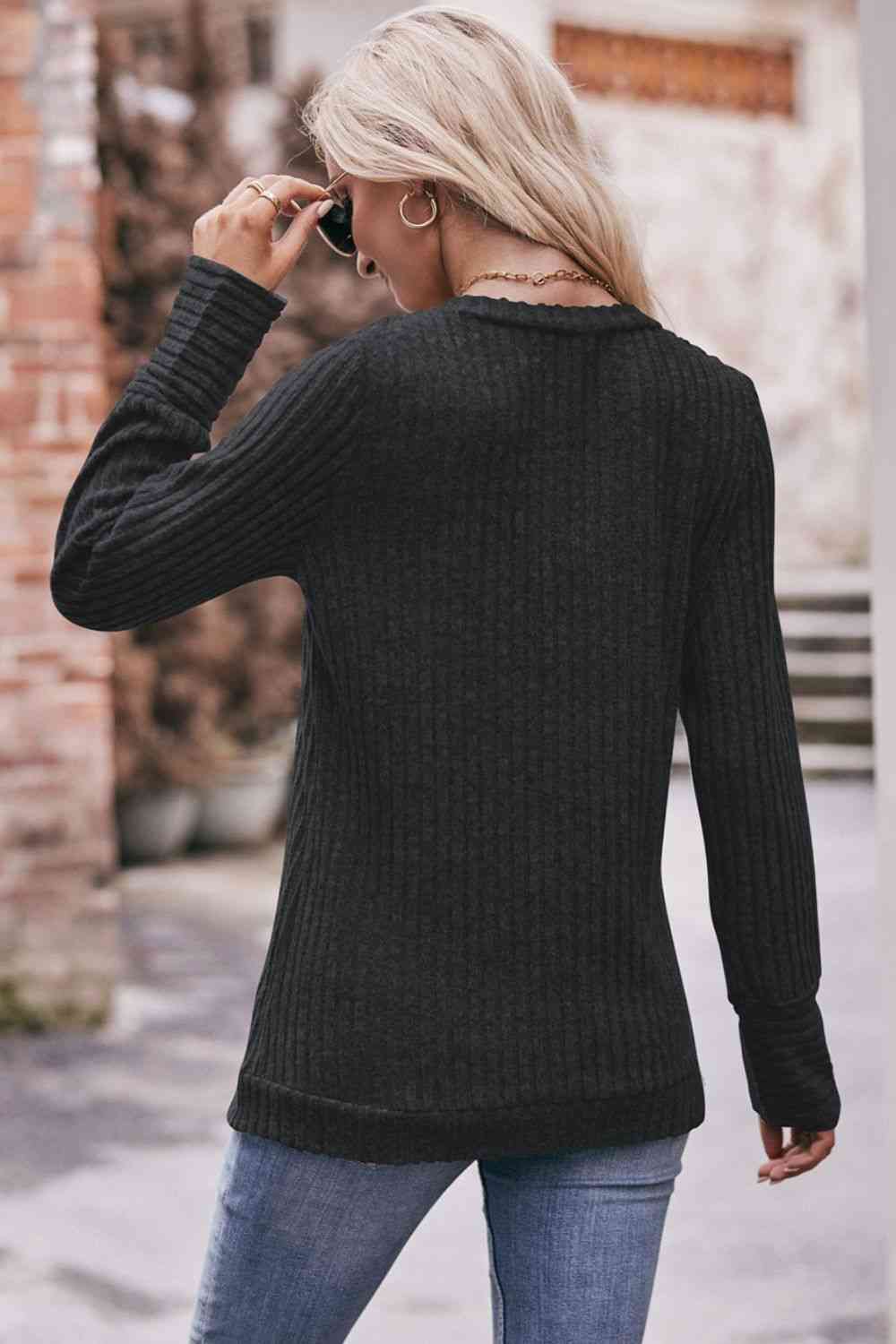 Gray Double Take V-Neck Long Sleeve Ribbed Top