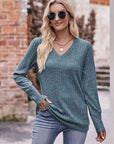 Dark Gray Double Take V-Neck Long Sleeve Ribbed Top