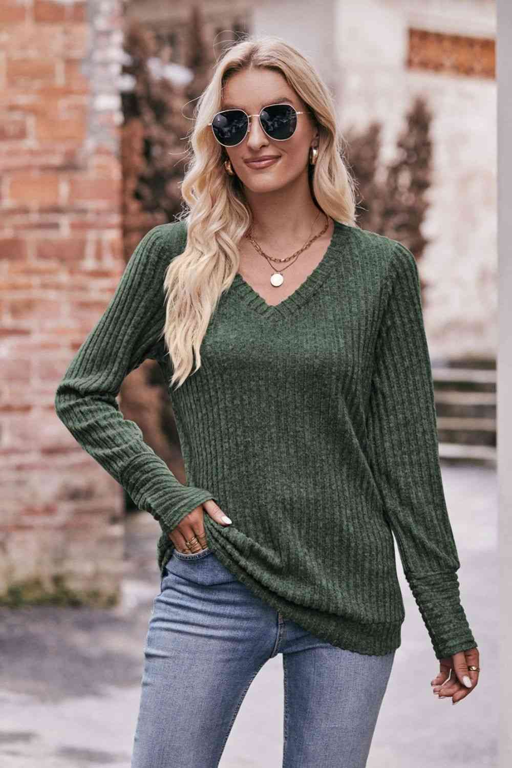 Dark Gray Double Take V-Neck Long Sleeve Ribbed Top