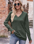 Dark Gray Double Take V-Neck Long Sleeve Ribbed Top