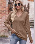 Rosy Brown Double Take V-Neck Long Sleeve Ribbed Top