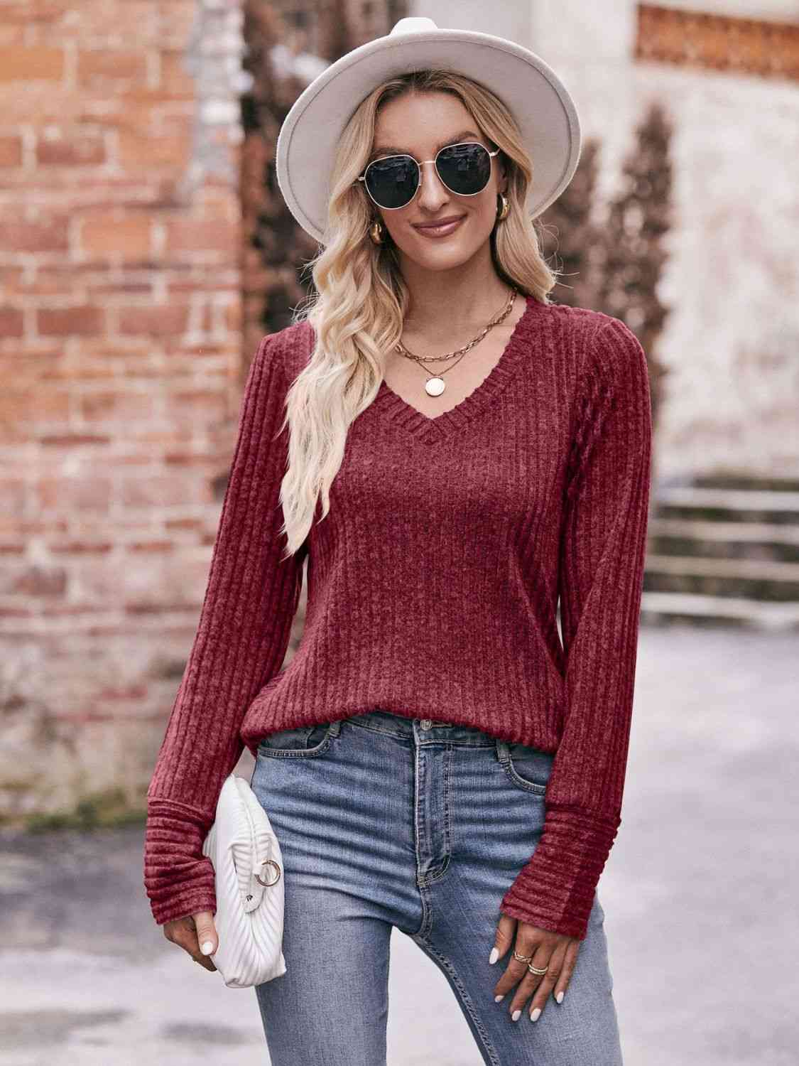 Rosy Brown Double Take V-Neck Long Sleeve Ribbed Top