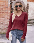 Rosy Brown Double Take V-Neck Long Sleeve Ribbed Top