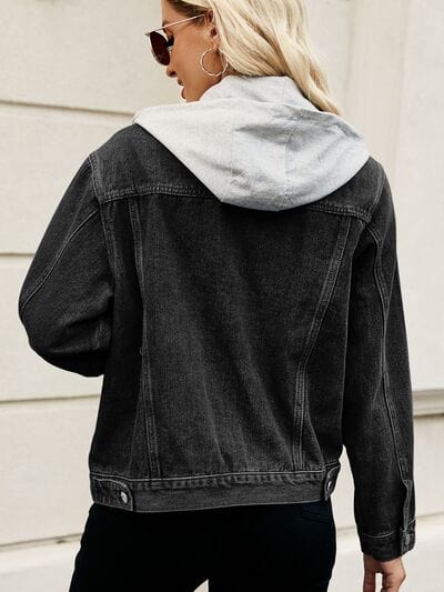 Black Drawstring Hooded Button Up Denim Jacket