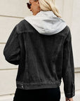 Black Drawstring Hooded Button Up Denim Jacket