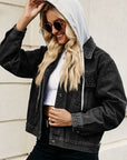 Black Drawstring Hooded Button Up Denim Jacket