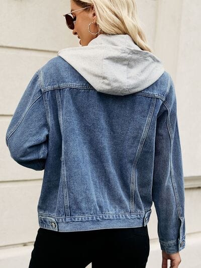 Dark Slate Gray Drawstring Hooded Button Up Denim Jacket