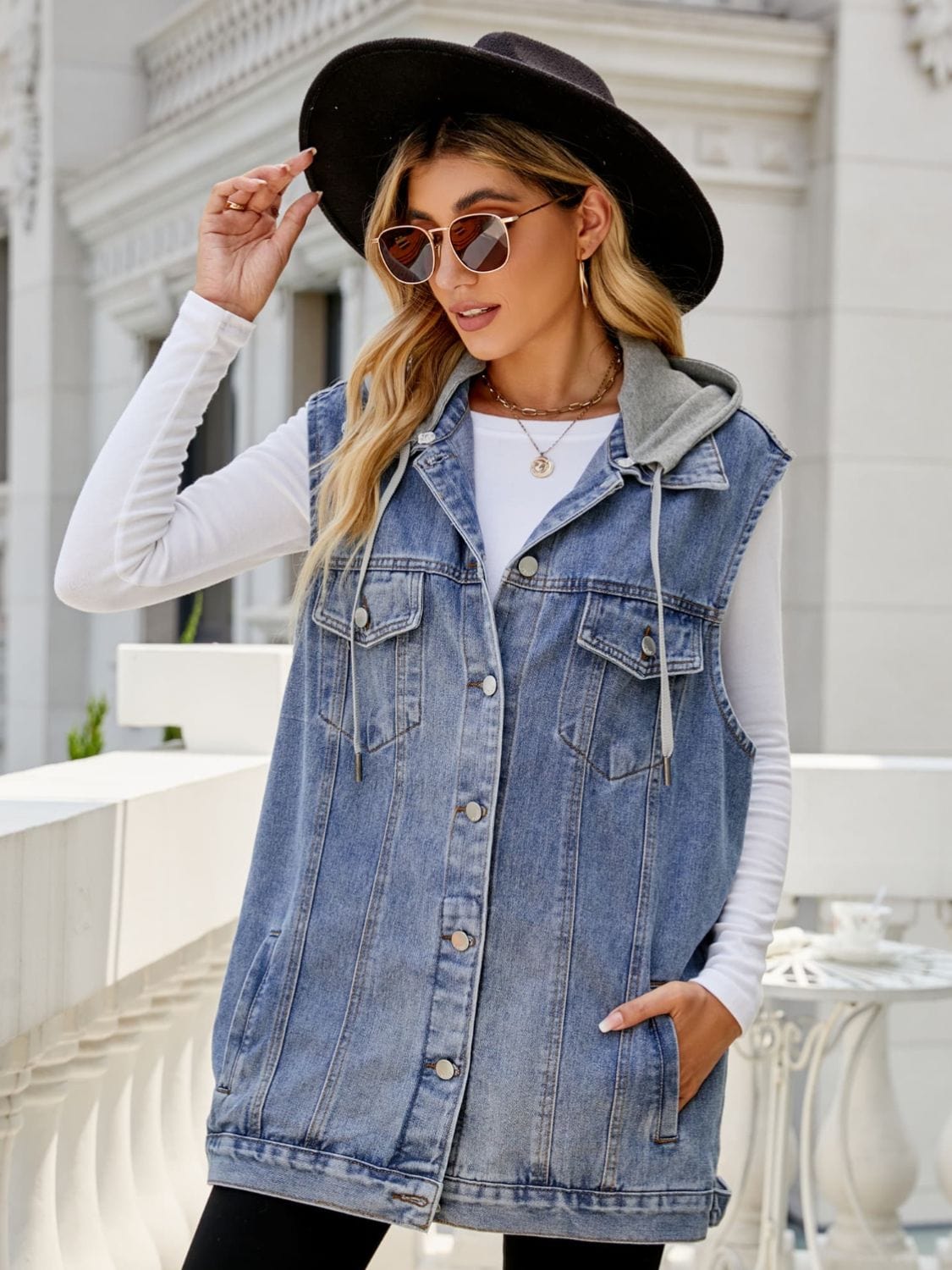 Gray Drawstring Hooded Sleeveless Denim Top with Pockets