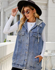 Gray Drawstring Hooded Sleeveless Denim Top with Pockets