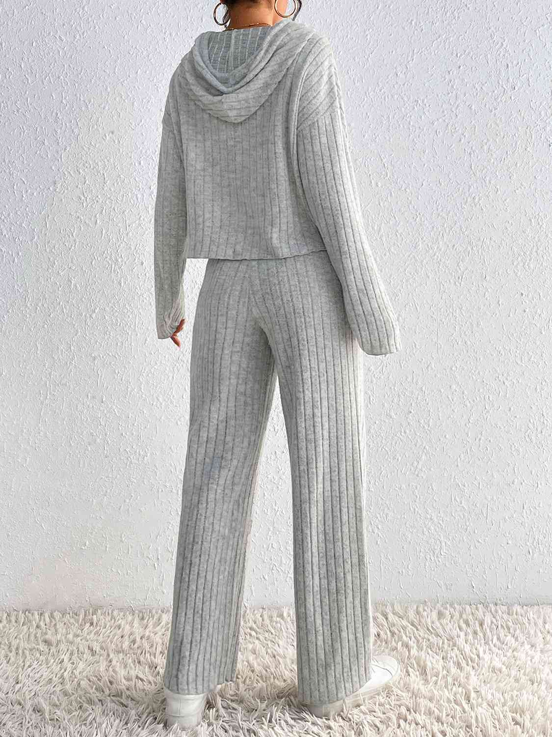 Light Gray Drawstring Ribbed Hoodie and Straight Leg Pants Set