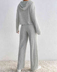 Light Gray Drawstring Ribbed Hoodie and Straight Leg Pants Set