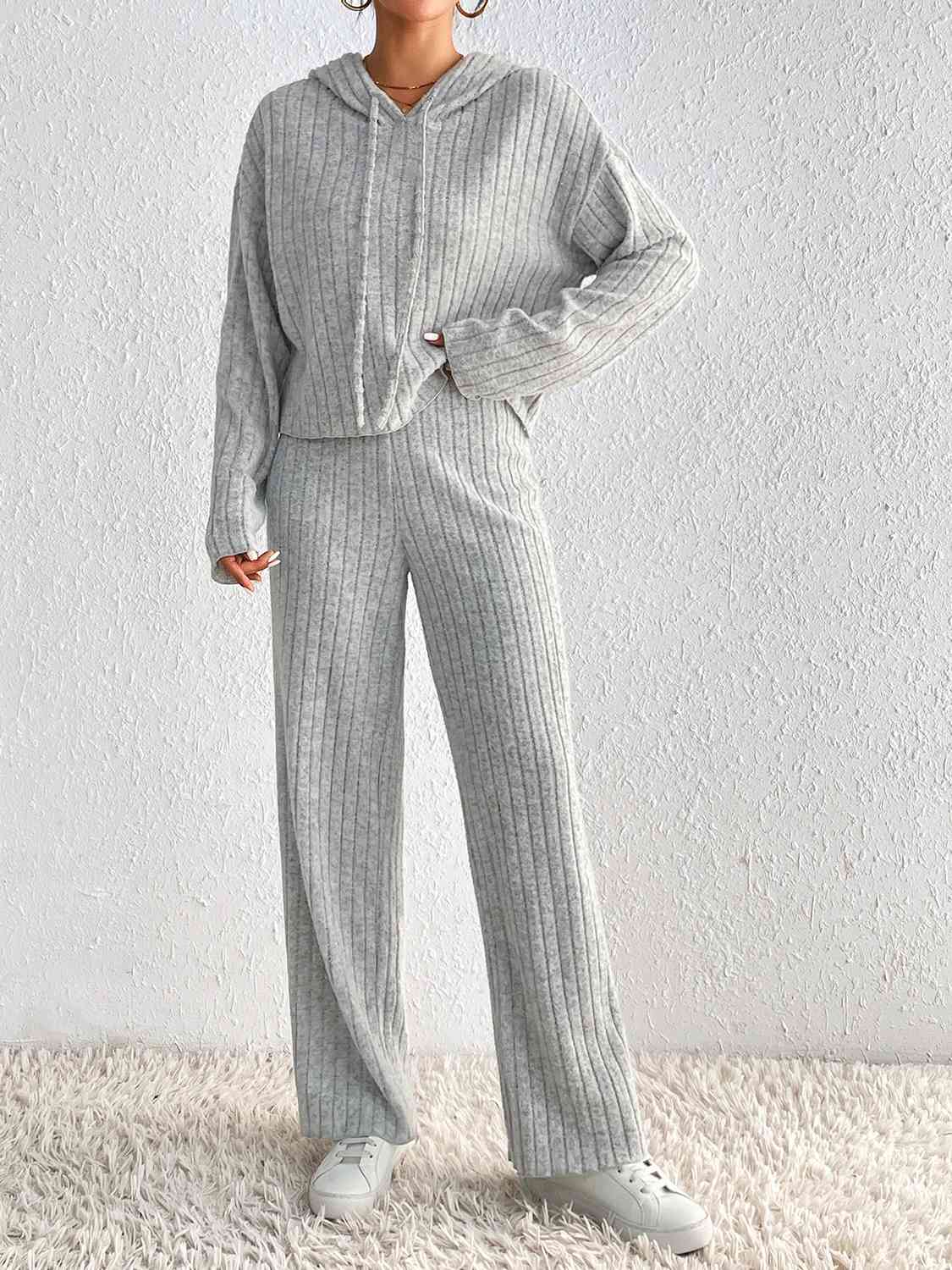 Light Gray Drawstring Ribbed Hoodie and Straight Leg Pants Set