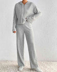 Light Gray Drawstring Ribbed Hoodie and Straight Leg Pants Set