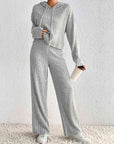 Light Gray Drawstring Ribbed Hoodie and Straight Leg Pants Set