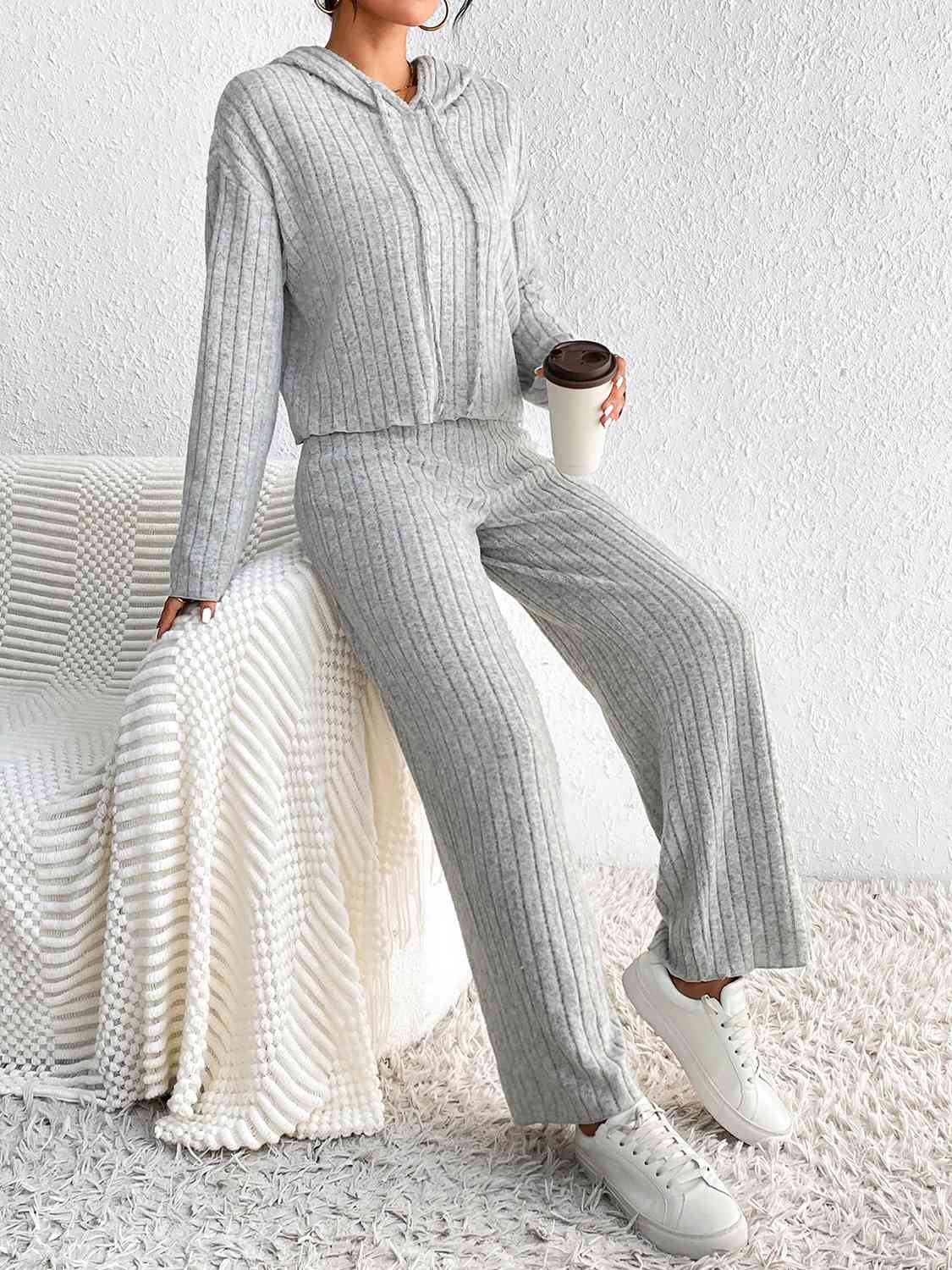 Light Gray Drawstring Ribbed Hoodie and Straight Leg Pants Set