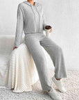 Light Gray Drawstring Ribbed Hoodie and Straight Leg Pants Set