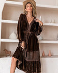 Rosy Brown Drawstring V-Neck Crochet Dress