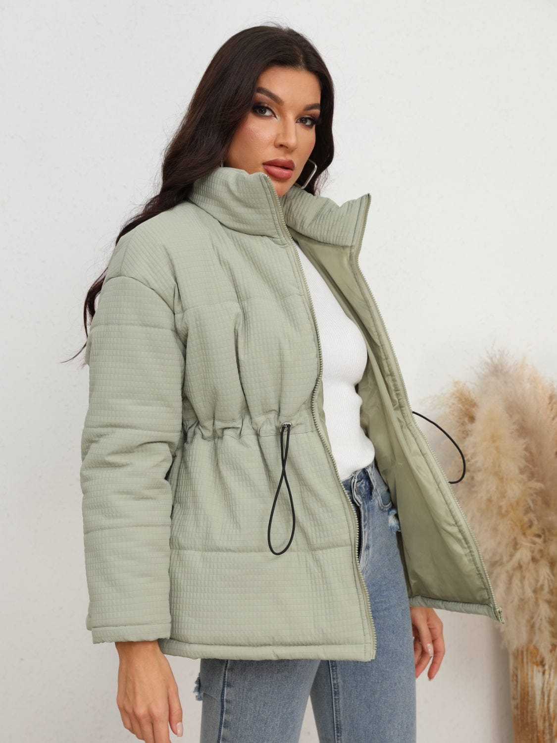 Gray Drawstring Waist Zip-Up Puffer Jacket