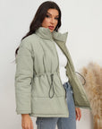 Gray Drawstring Waist Zip-Up Puffer Jacket