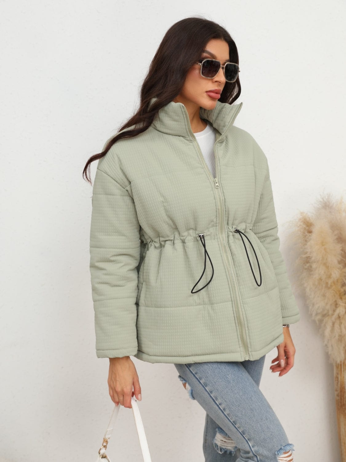 Light Gray Drawstring Waist Zip-Up Puffer Jacket