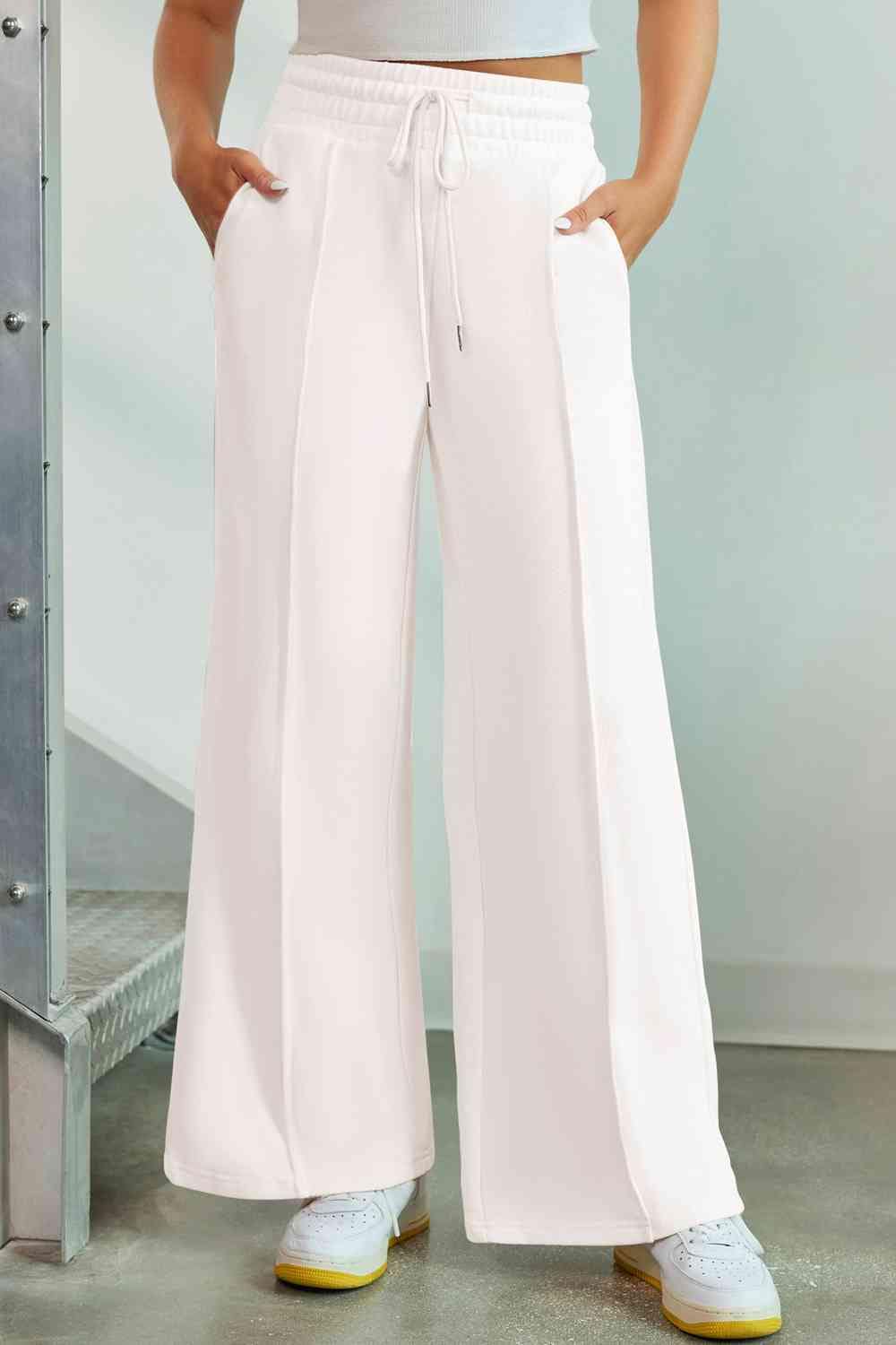 Light Gray Drawstring Wide Leg Pants with Pockets