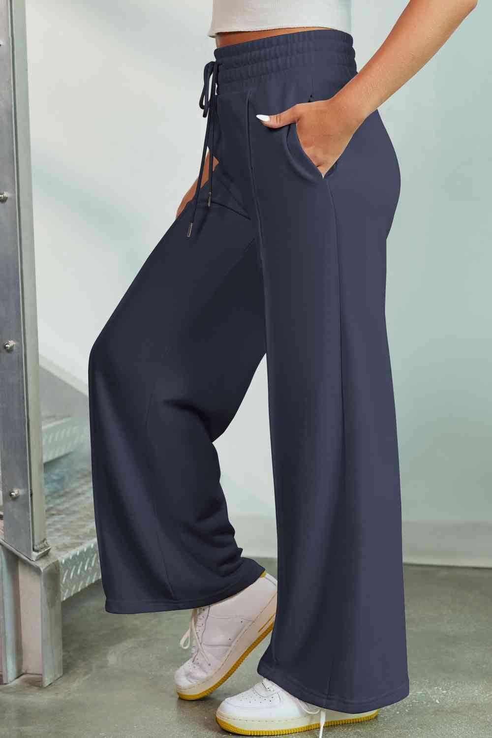 Dark Gray Drawstring Wide Leg Pants with Pockets