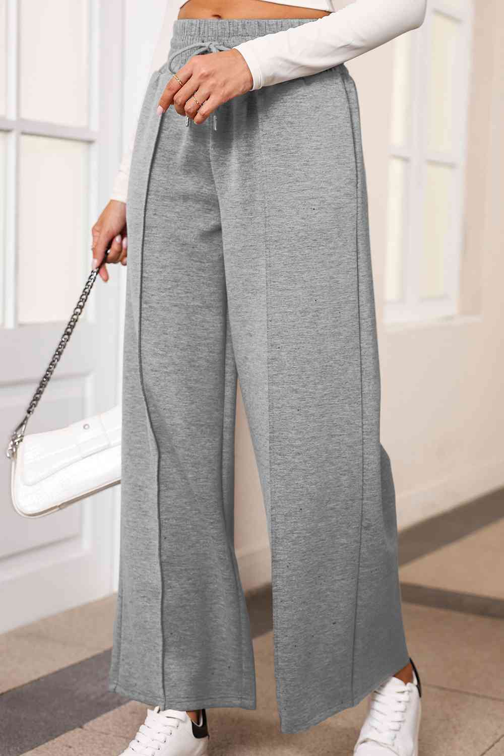 Gray Drawstring Wide Leg Pants with Pockets