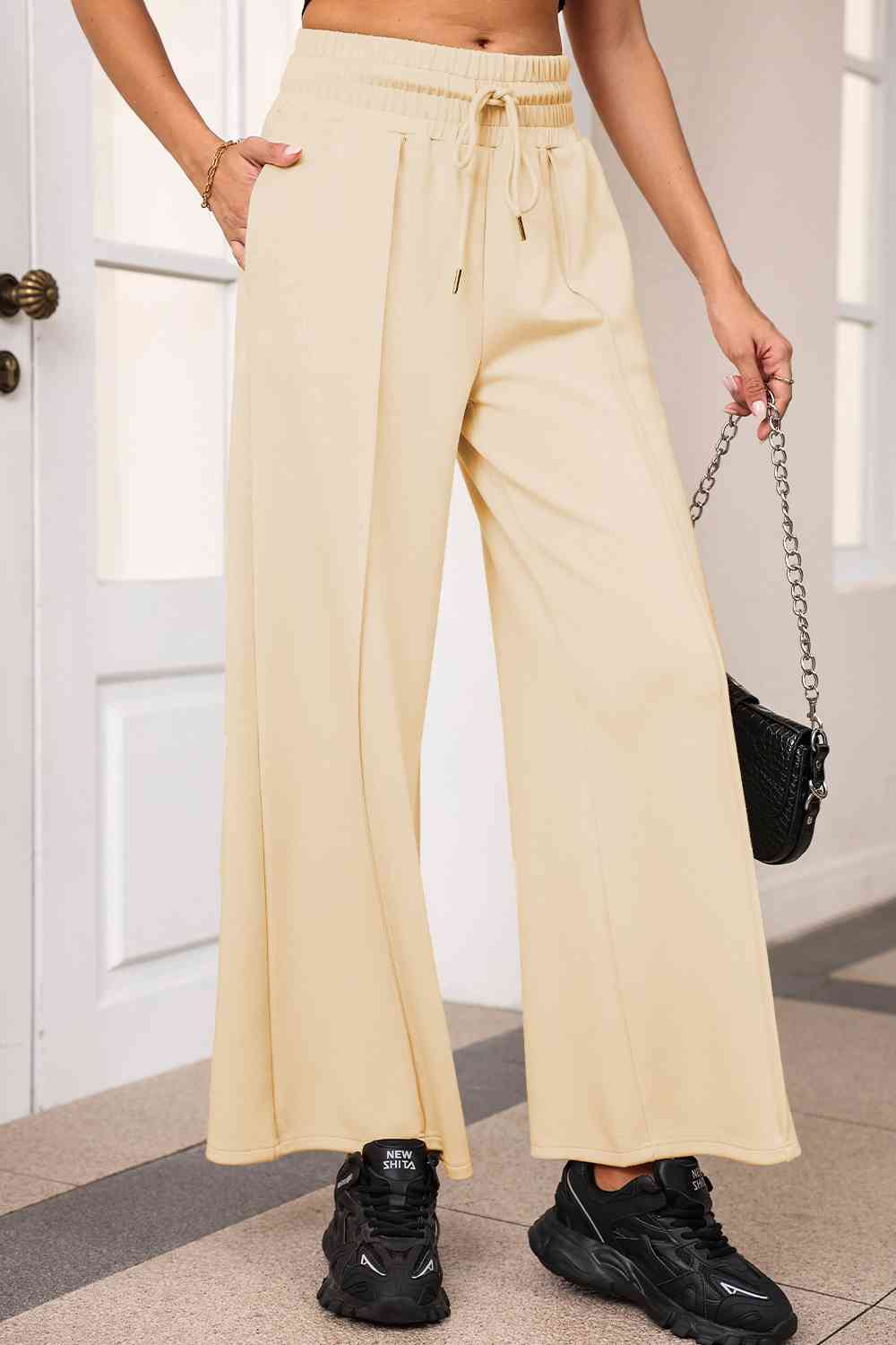 Light Gray Drawstring Wide Leg Pants with Pockets