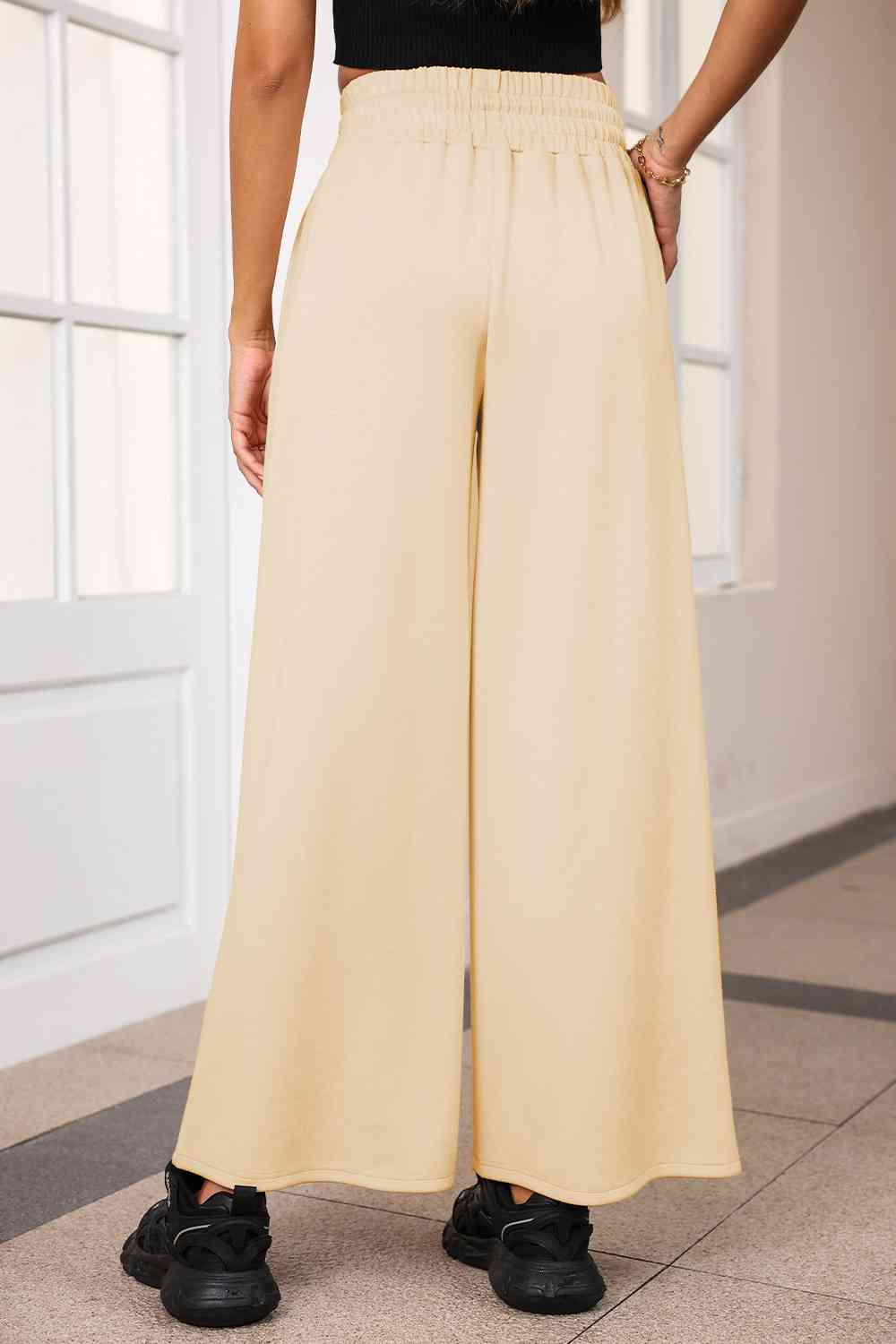 Light Gray Drawstring Wide Leg Pants with Pockets