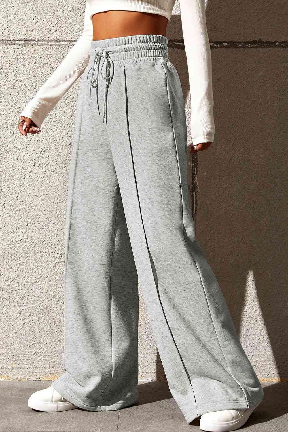 Gray Drawstring Wide Leg Pants with Pockets