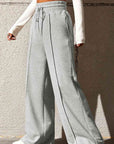 Gray Drawstring Wide Leg Pants with Pockets