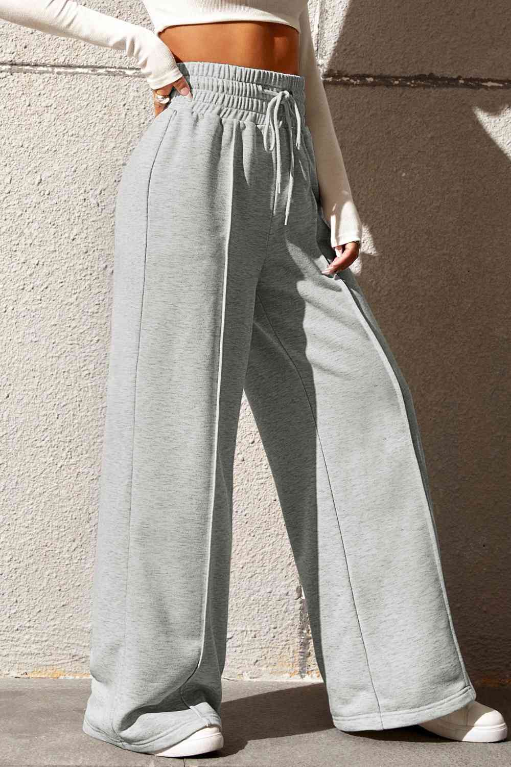 Gray Drawstring Wide Leg Pants with Pockets