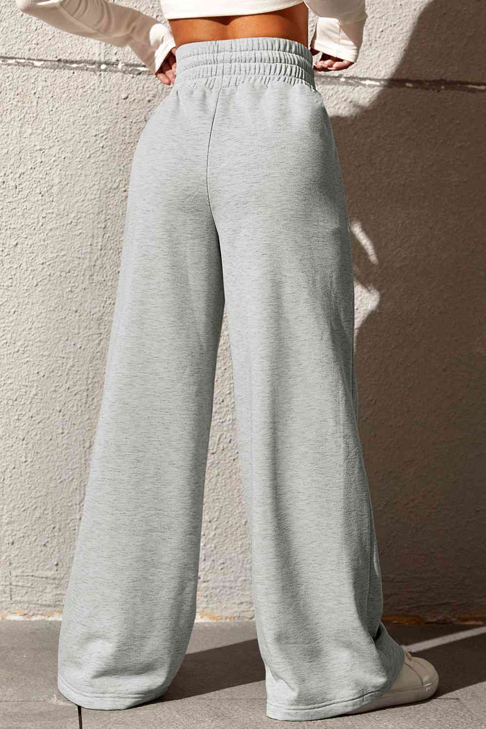 Gray Drawstring Wide Leg Pants with Pockets