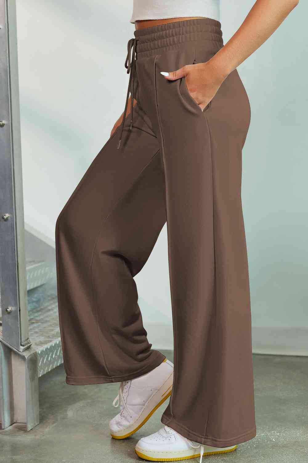 Light Slate Gray Drawstring Wide Leg Pants with Pockets