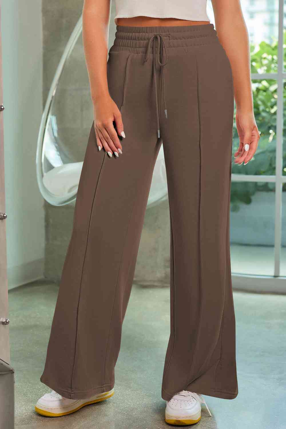 Dim Gray Drawstring Wide Leg Pants with Pockets