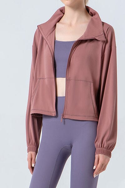 Rosy Brown Drawstring Zip Up Dropped Shoulder Active Outerwear