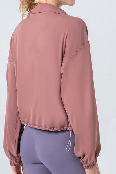 Rosy Brown Drawstring Zip Up Dropped Shoulder Active Outerwear