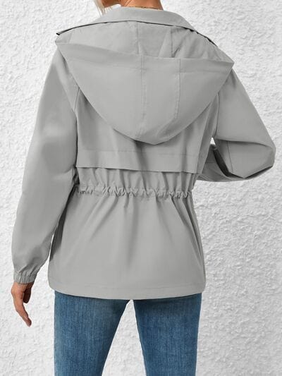 Gray Drawstring Zip Up Hooded Jacket