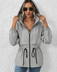 Gray Drawstring Zip Up Hooded Jacket