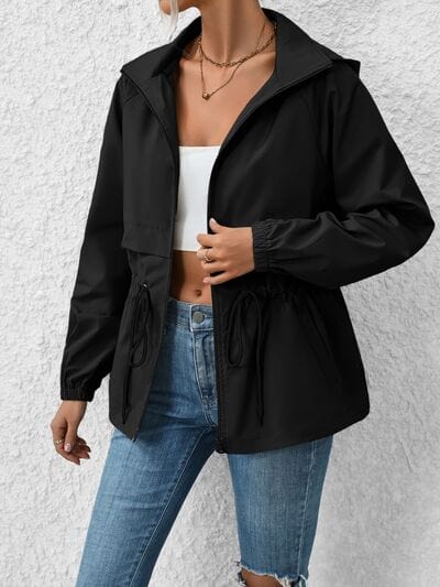 Black Drawstring Zip Up Hooded Jacket