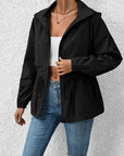 Black Drawstring Zip Up Hooded Jacket