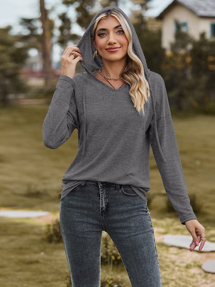 Dim Gray Dropped Shoulder Hooded Blouse