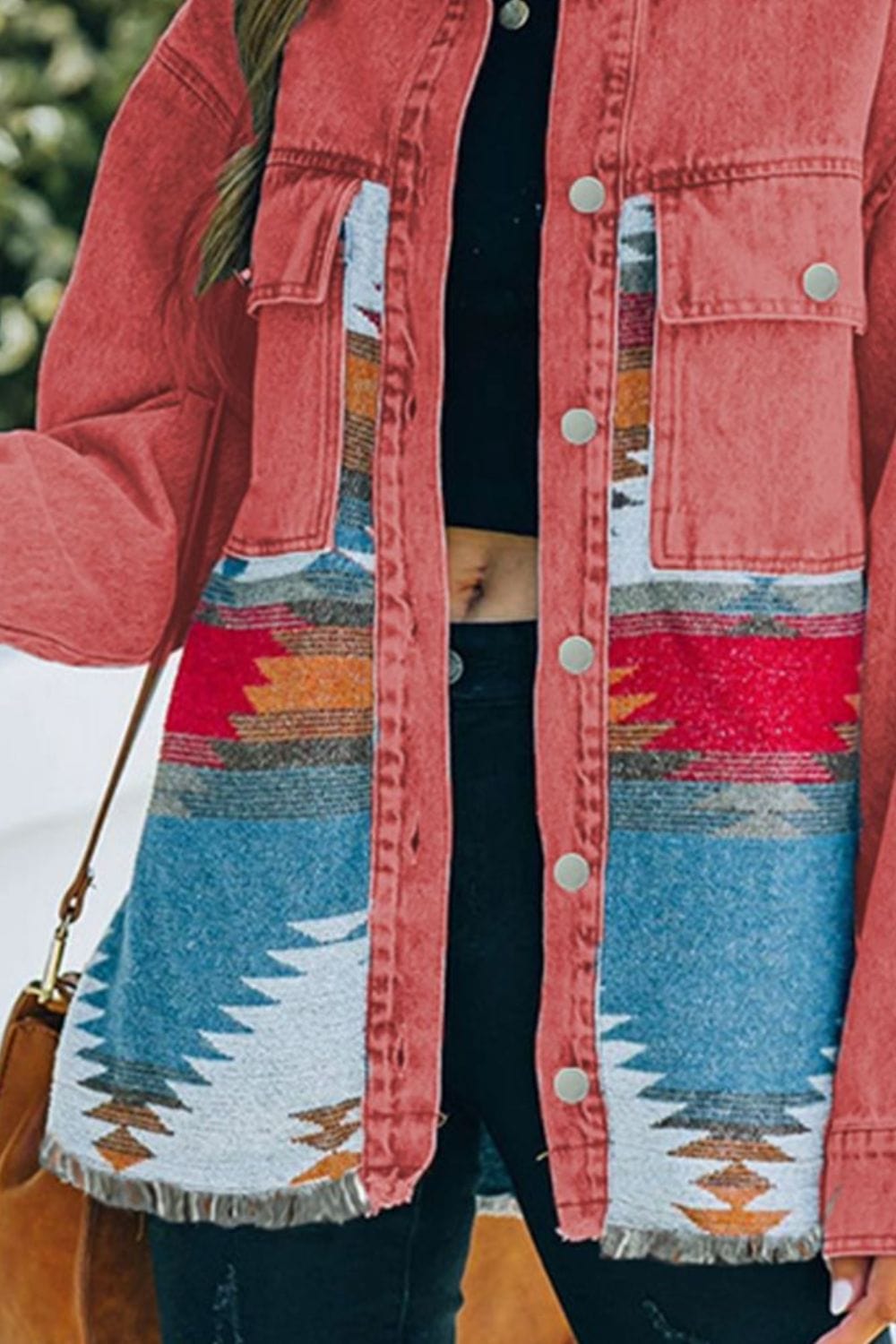 Maroon Dropped Shoulder Long Sleeve Printed Denim Jacket