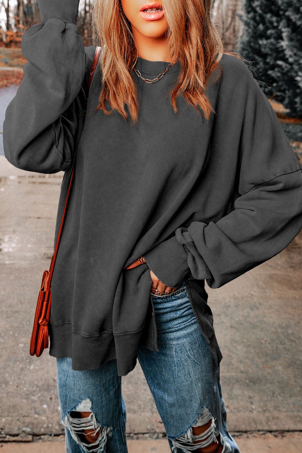 Dark Slate Gray Dropped Shoulder Round Neck Long Sleeve Blouse