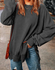 Dark Slate Gray Dropped Shoulder Round Neck Long Sleeve Blouse