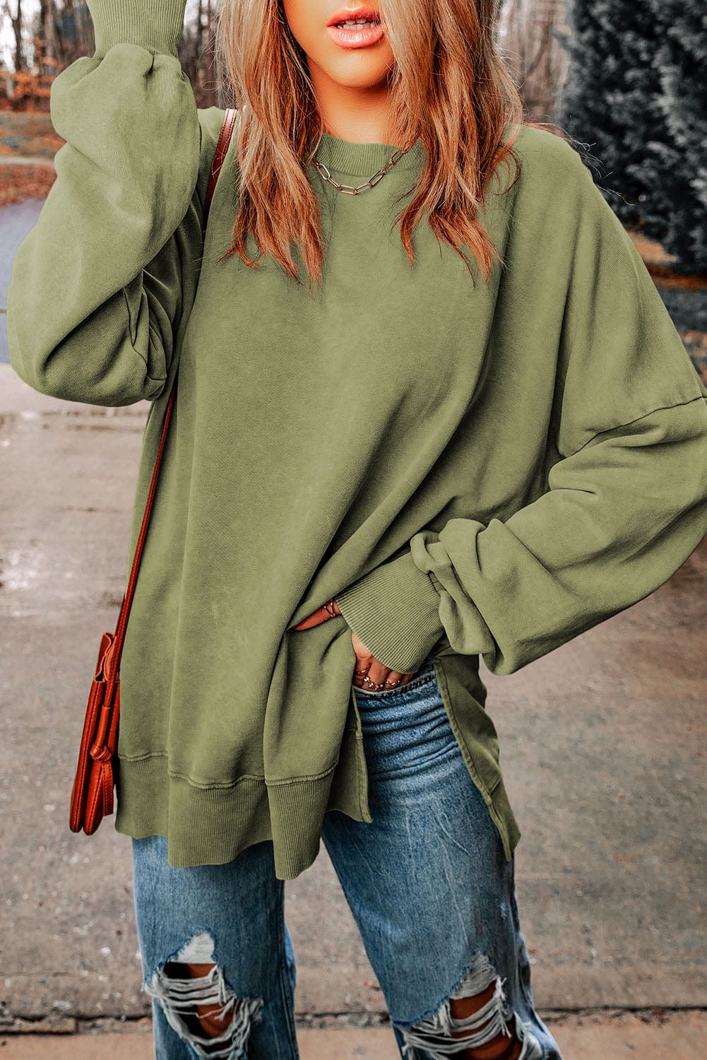 Dim Gray Dropped Shoulder Round Neck Long Sleeve Blouse